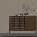 Wooden Console Side Cabinet With Storage Grid Decorative Vase Bowls And Books On Top