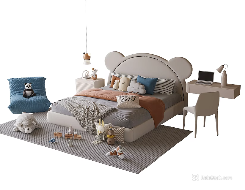 Mickey Ears Shaped Kids Bed With Soft Toys Blanket Study Desk Chair And Rug 3d model 
