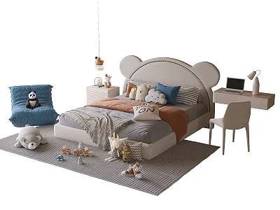 Mickey Ears Shaped Kids Bed With Soft Toys Blanket Study Desk Chair And Rug 3d model