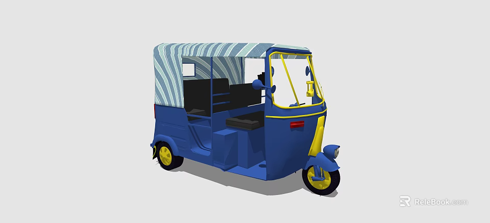 Blue Tuk Tuk With Blue And White Striped Canopy And Yellow Wheels Design 3d model 