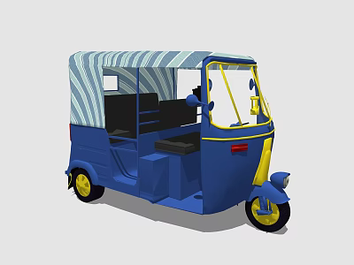 Blue Tuk Tuk With Blue And White Striped Canopy And Yellow Wheels Design 3d model