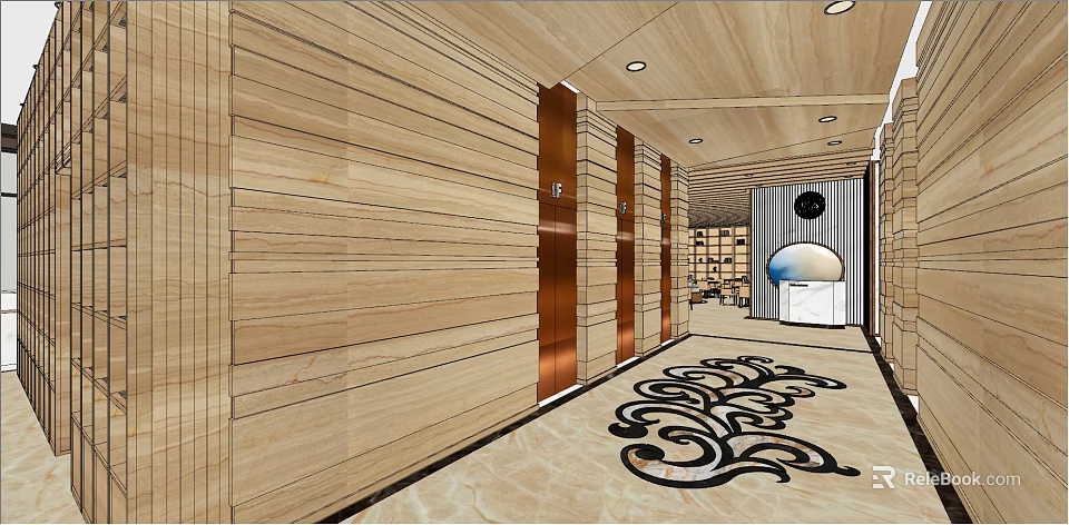 Modern Hotel Lobby Interior With Wooden Panel Walls Copper Elevators And Decorative Carpet 3d model 