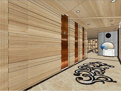 Modern Hotel Lobby Interior With Wooden Panel Walls Copper Elevators And Decorative Carpet 3d model
