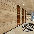 Modern Hotel Lobby Interior With Wooden Panel Walls Copper Elevators And Decorative Carpet