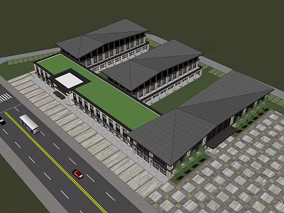 Modern Office Building Complex With Green Roof Gray Tiles And Road Access 3d model