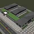 Modern Office Building Complex With Green Roof Gray Tiles And Road Access