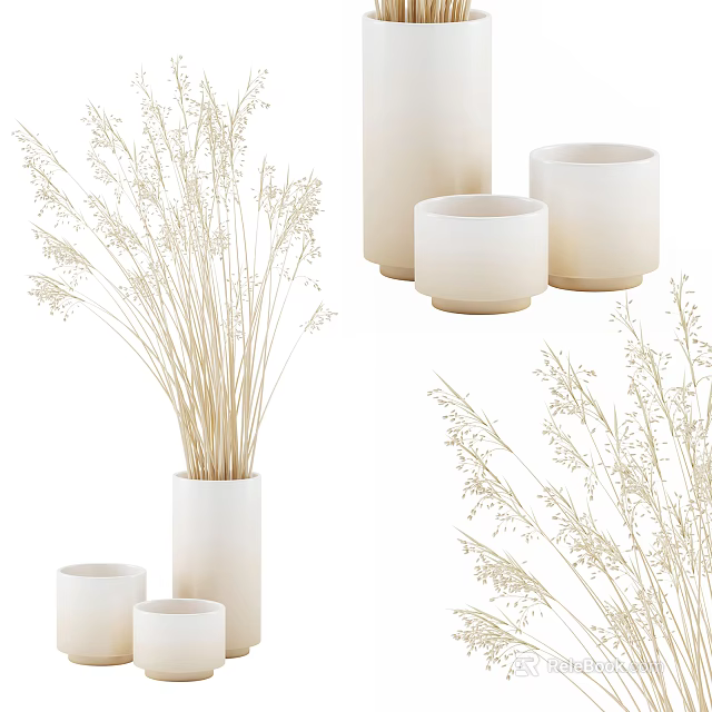 Elegant White Ceramic Vases With Dried Grass For Home Interior Decor 3d model 