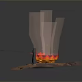 Traditional Long Handled Pan For Outdoor Cooking With Flame Firewood And Meat Pieces