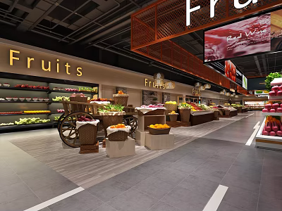 Supermarket Fruits Section With Fresh Produce Display And Shopping Carts 3d model