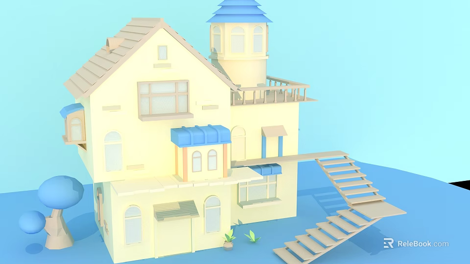Cartoon Style Yellow Multi Story House With Blue Roof Balcony Staircase And Plants 3d model 