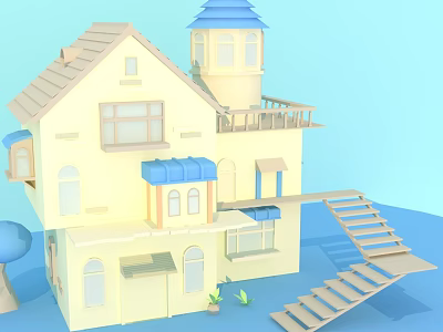 Cartoon Style Yellow Multi Story House With Blue Roof Balcony Staircase And Plants 3d model