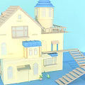 Cartoon Style Yellow Multi Story House With Blue Roof Balcony Staircase And Plants