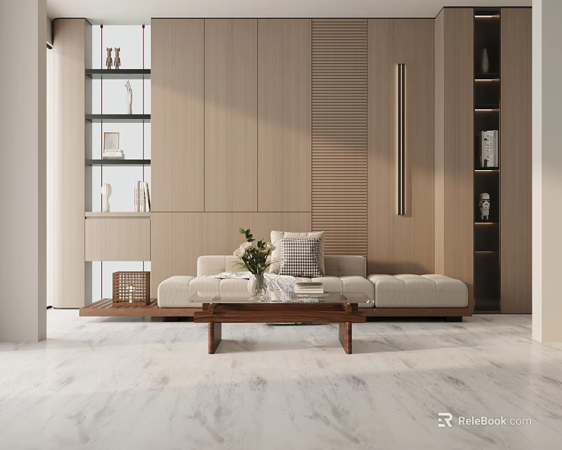 Modern Three Seater Sofa in Light Beige with Wooden Coffee Table and Decorative Vase 3d model 