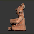 Red Terracotta Seated Figure Sculpture With Carved Facial Details Holding Bowl In Hands