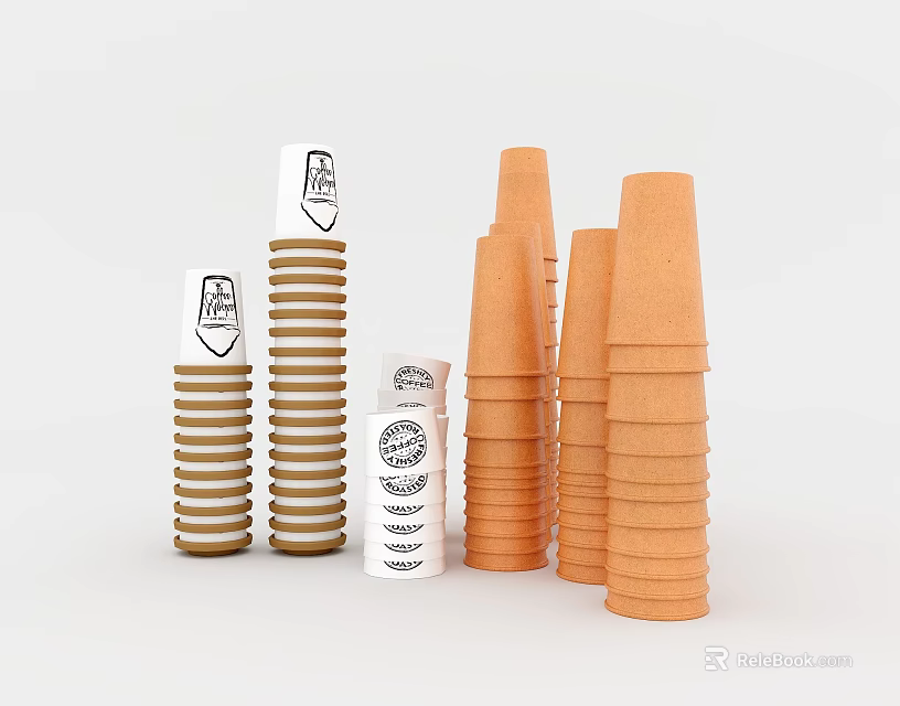 Stacked White and Orange Paper Cups with Printed Labels and Featured Logos 3d model 