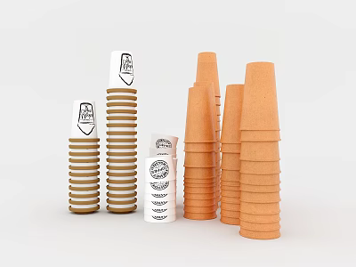 Stacked White and Orange Paper Cups with Printed Labels and Featured Logos 3d model