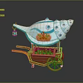 Conch Shaped Wooden Cart With Blue Canopy Hanging Lantern Coral Decor And Small Flower Pots