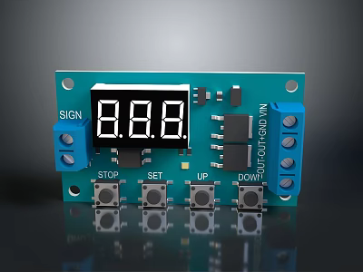 Green Circuit Board Digital Control Module With 888 Display Blue Terminals And Buttons 3d model