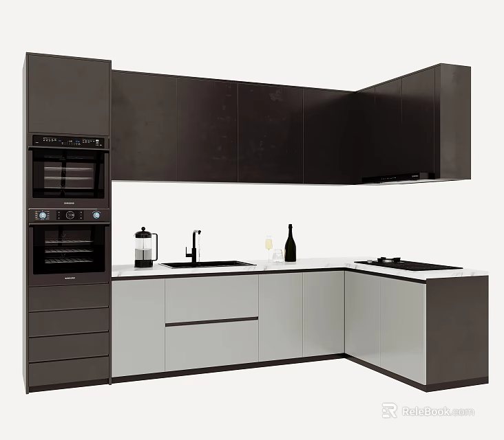 Modern Kitchen Cabinets Design With Dark Wall Units Light Base And White Countertop 3d model