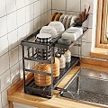 Modern Kitchen Cabinets With Metal Storage Rack Dishes Jars White Tile Wall And Wooden Countertop