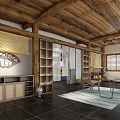 Traditional Modern Interior With Wooden Ceiling Beams Display Shelves Central Table And Black Tiled Floor