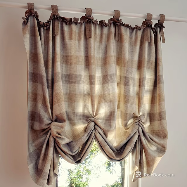 Plaid Curtain With Beige And Brown Check Pattern Tassel Tiebacks And Natural Light 3d model 
