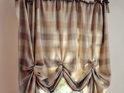Plaid Curtain With Beige And Brown Check Pattern Tassel Tiebacks And Natural Light 3d model