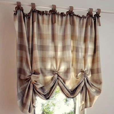 Plaid Curtain With Beige And Brown Check Pattern Tassel Tiebacks And Natural Light 3d model