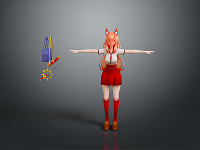 Anime Girl Character With Fox Ears Tail Red Skirt White Top Arms Outstretched 3d model