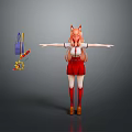 Anime Girl Character With Fox Ears Tail Red Skirt White Top Arms Outstretched