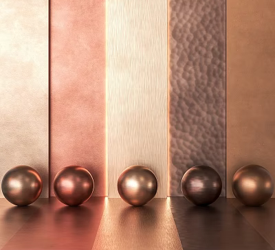 Decorative Metal Components Showcasing Five Spherical Orbs And Varied Textured Panels In Copper Brown Hues 3d model