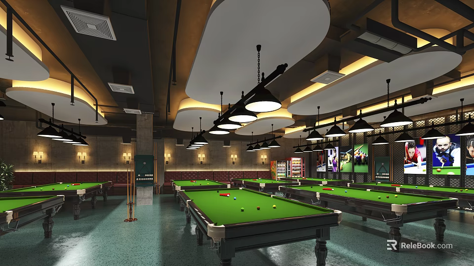 Modern Billiard Room Interior With Green Felt Tables And Hanging Pendant Lights Design 3d model 