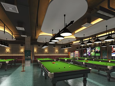 Modern Billiard Room Interior With Green Felt Tables And Hanging Pendant Lights Design 3d model
