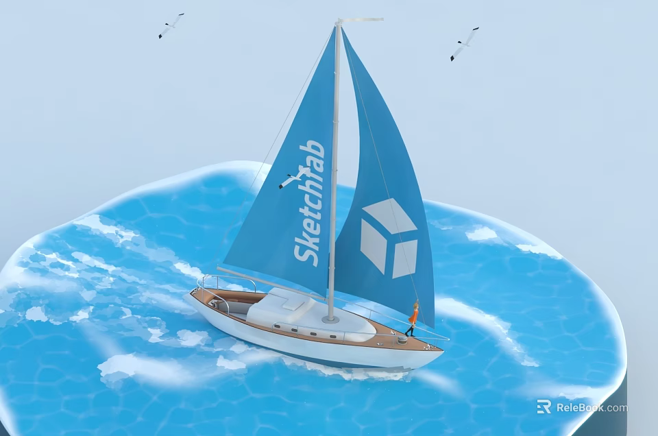 Sailboat Featuring Sketchfab Cube Logo Sailing on Blue Water with Flying Birds 3d model 