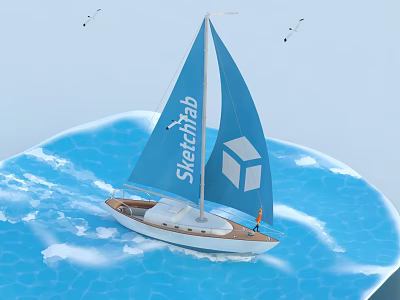 Sailboat Featuring Sketchfab Cube Logo Sailing on Blue Water with Flying Birds 3d model