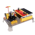 Industrial Tabletop Cutting Equipment With Black Yellow Workbench Red Adjustment Lever And Clamping Fixture