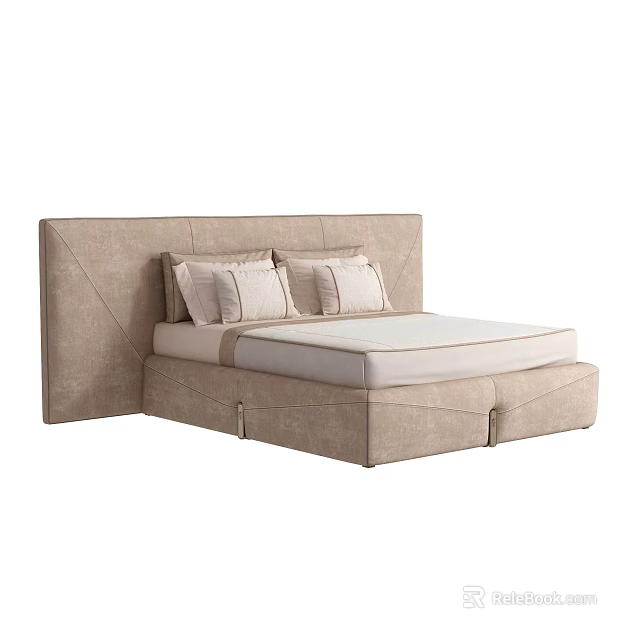 Modern Upholstered Double Bed With Beige Headboard Soft Mattress And Platform Frame 3d model