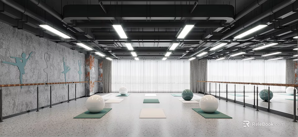 Spacious Modern Yoga Fitness Studio With Exercise Mats Balls And Barre In Bright Well Lit Space 3d model 