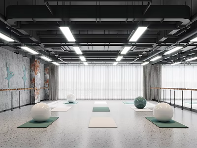 Spacious Modern Yoga Fitness Studio With Exercise Mats Balls And Barre In Bright Well Lit Space 3d model