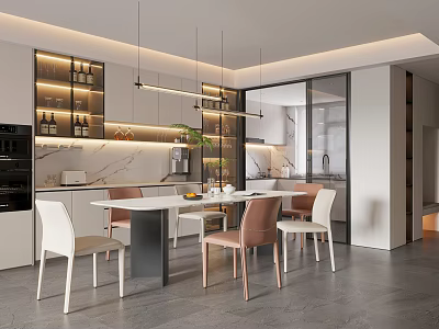 Modern Restaurant Open Concept With Dining Table Chairs Pendant Lights And Wine Rack 3d model