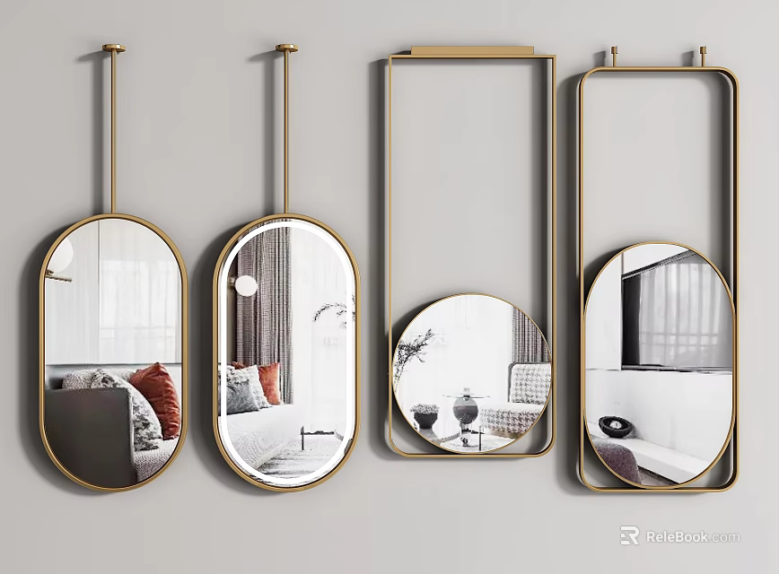 Various Modern Mirrors With Different Shapes And Gold Frames Reflecting Interiors 3d model