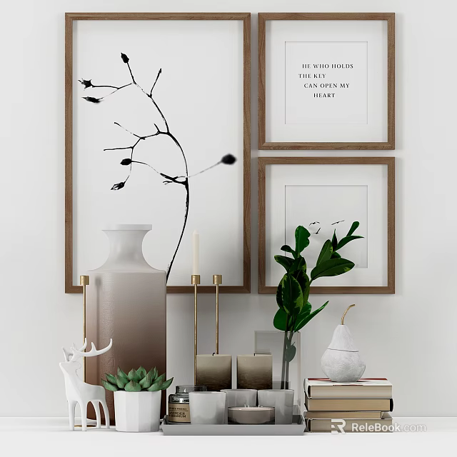 Decorative Ornament Set With Vase Green Plant Framed Art Deer Figurine Candle And Books 3d model 