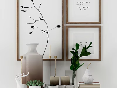 Decorative Ornament Set With Vase Green Plant Framed Art Deer Figurine Candle And Books 3d model
