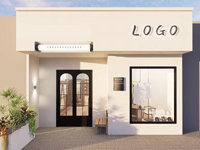 Modern Clothing Store with White Facade Arched Glass Door Window Display Clothes Outdoor Plants Bench 3d model