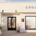 Modern Clothing Store with White Facade Arched Glass Door Window Display Clothes Outdoor Plants Bench