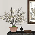 Decorative Ornament Combination With Potted Branches Yellow Flowers Green Moss And Small Figurine