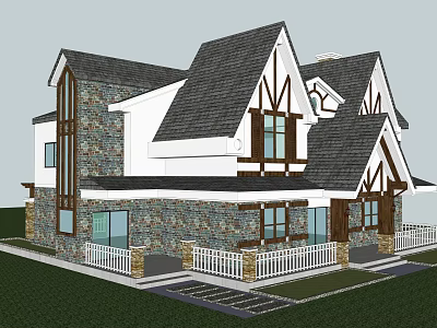 Classic Detached Villa Featuring Stone Exterior Wooden Accents Gabled Roof And White Fence 3d model