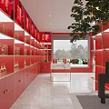 Liquor And Tobacco Store Interior Design With Red Walls Display Shelves Cabinets And Alcohol Bottles