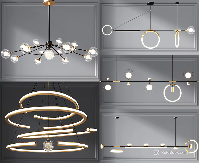 Modern Pendant Lights Design With Circular Rings Multiple Layers Spherical Bulbs And Gray Wall 3d model