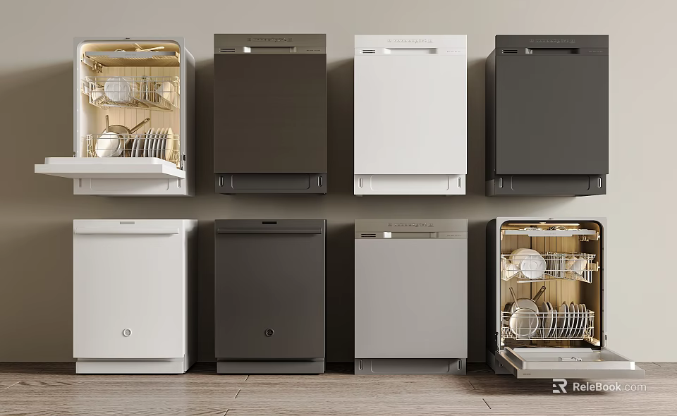 Kitchen Appliances Featuring Various Colored Dishwashers With Open Closed Styles And Interior Dishes 3d model 